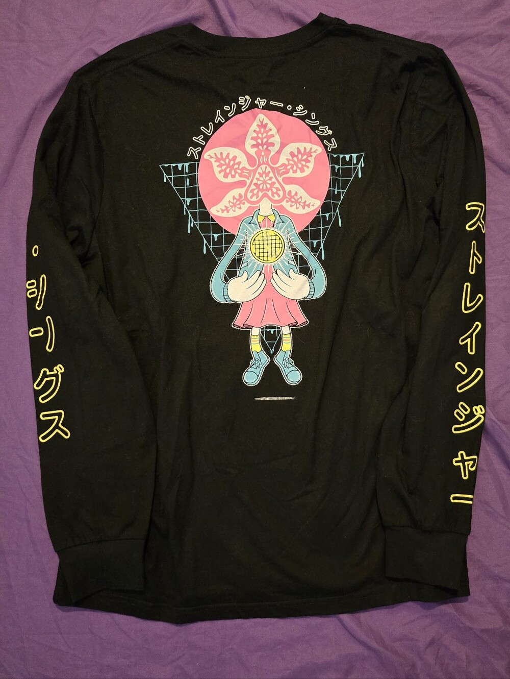 Black Long-Sleeve Graphic Tee with Pink Character Print